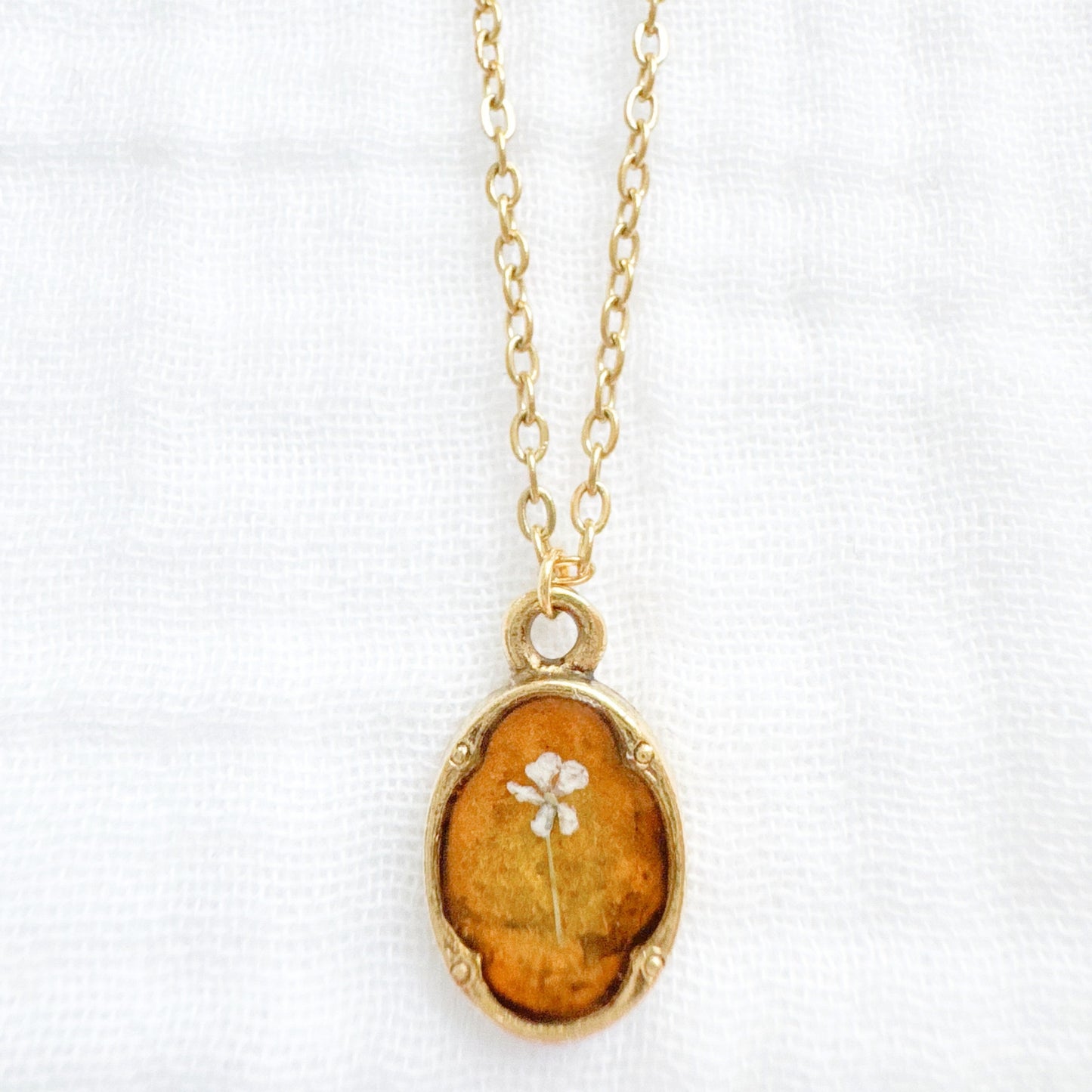 Citrine Mini Ornate Pressed Flower Necklace | November Birthstone, Gold