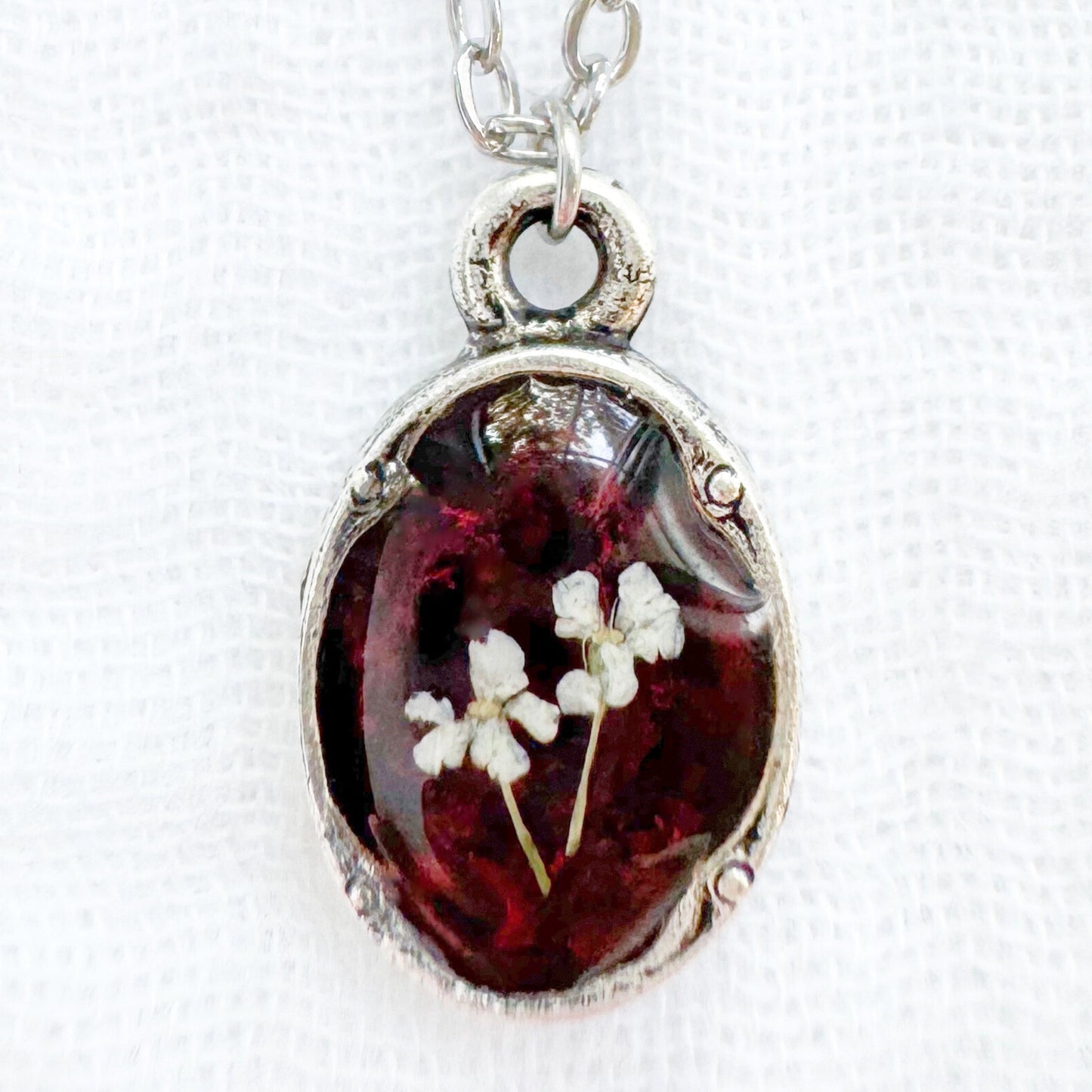 Amber Mini Ornate Pressed Flower Necklace | Reddish-brown, Silver