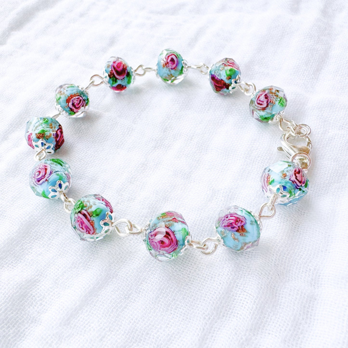 Gilded Aqua Floral Lampwork Bracelet | Silver