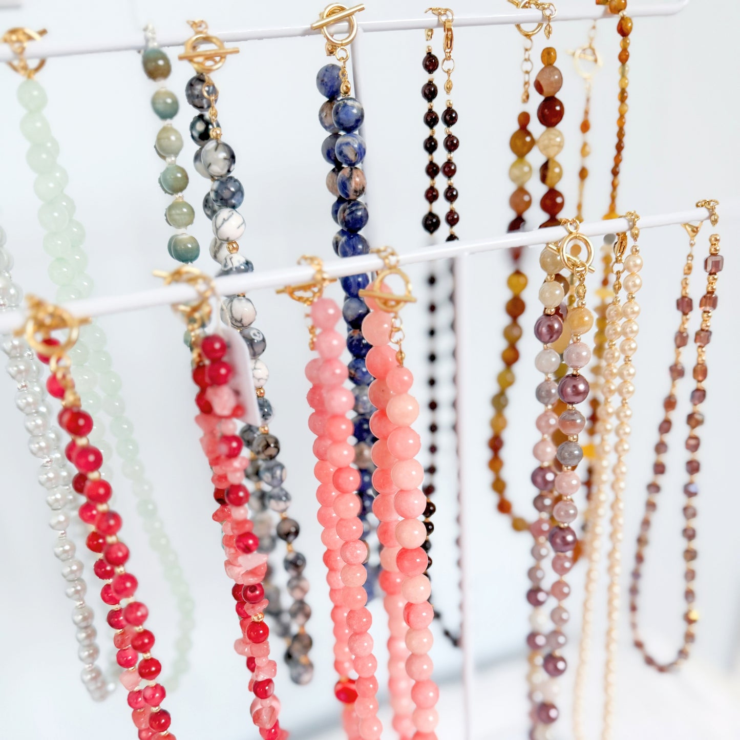 Glass Pearl and Sunstone Gemstone Necklace | Gold