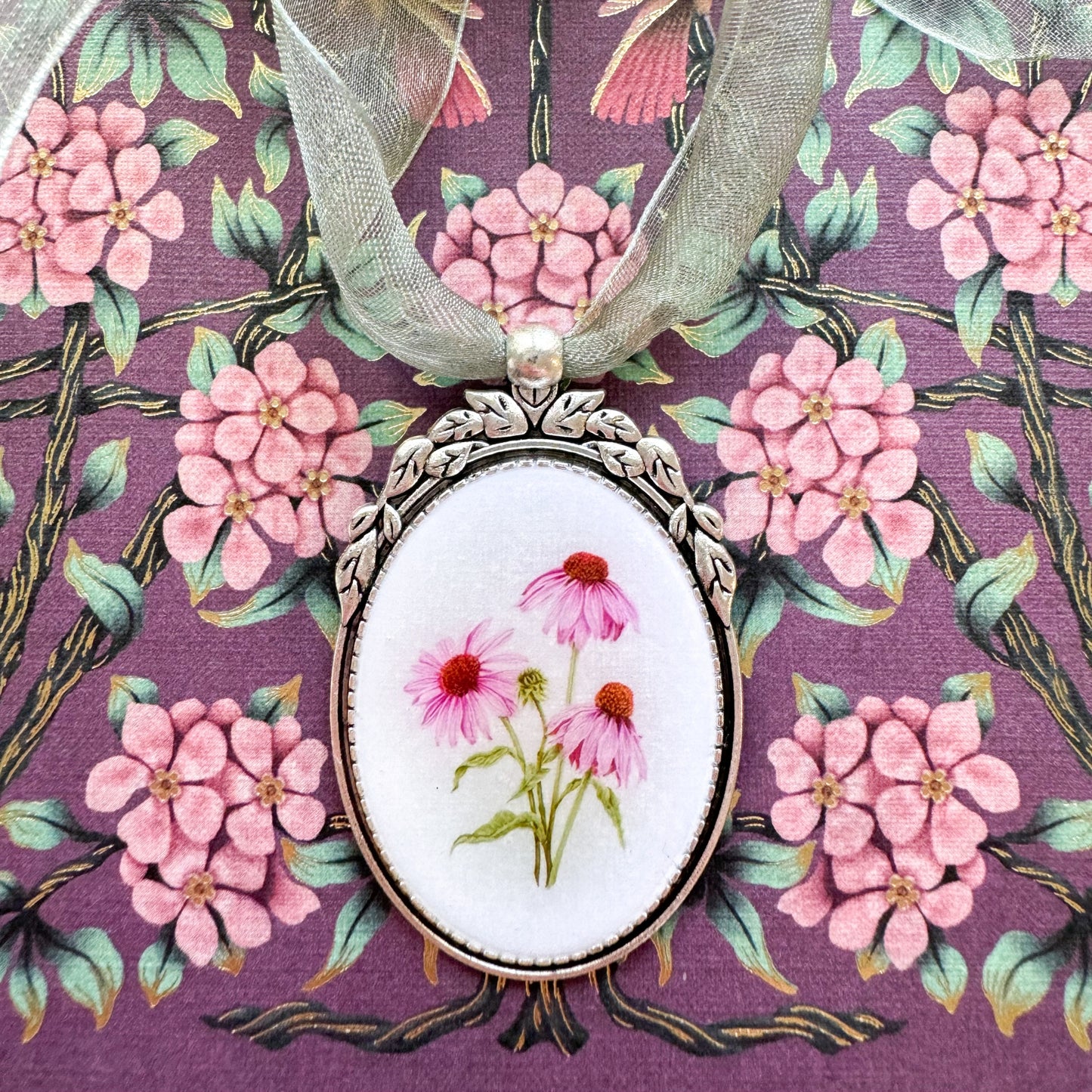 Purple Coneflower Botanical Illustration Oval Frame Ornament