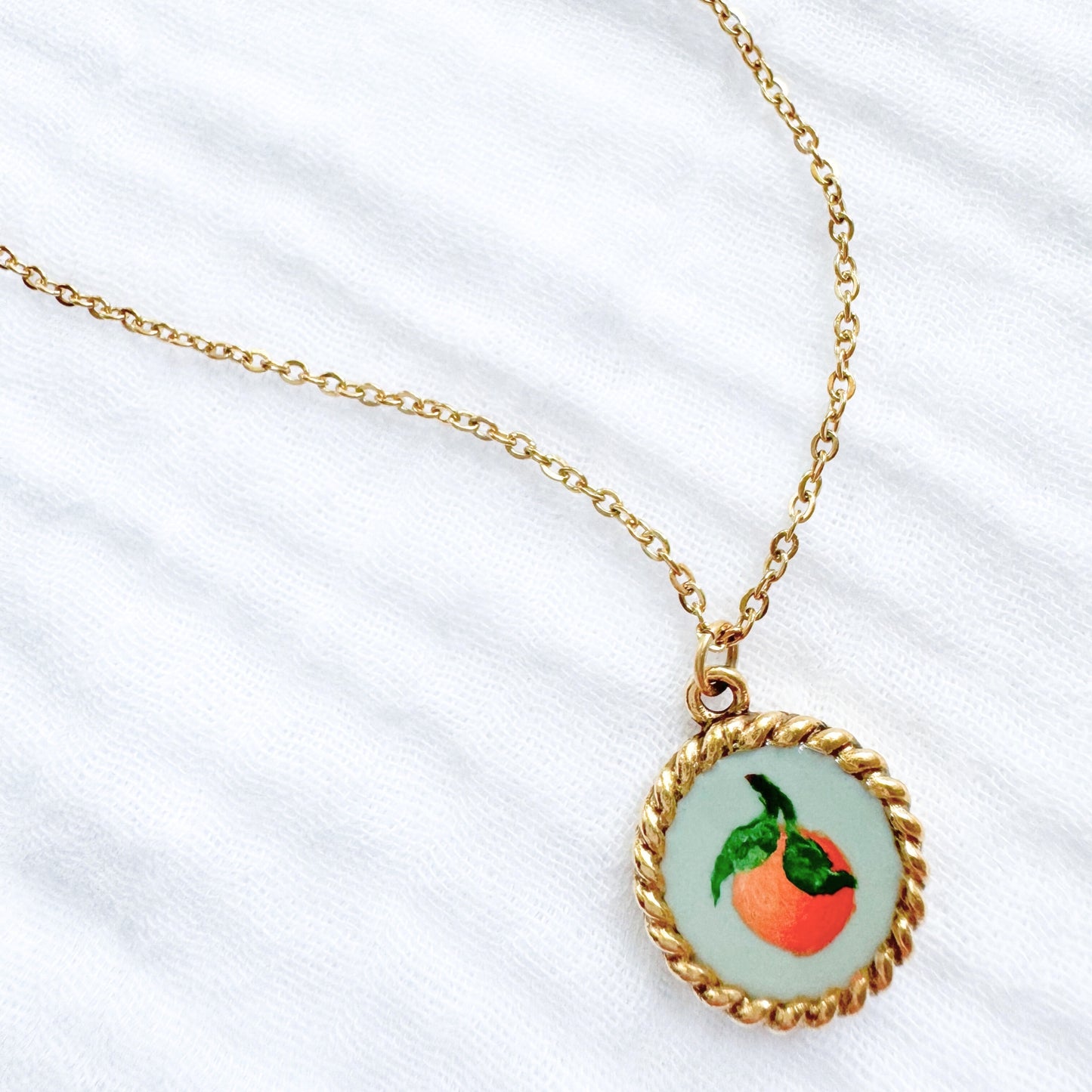 Hand-painted Botanical Orange Nautical Necklace | Gold