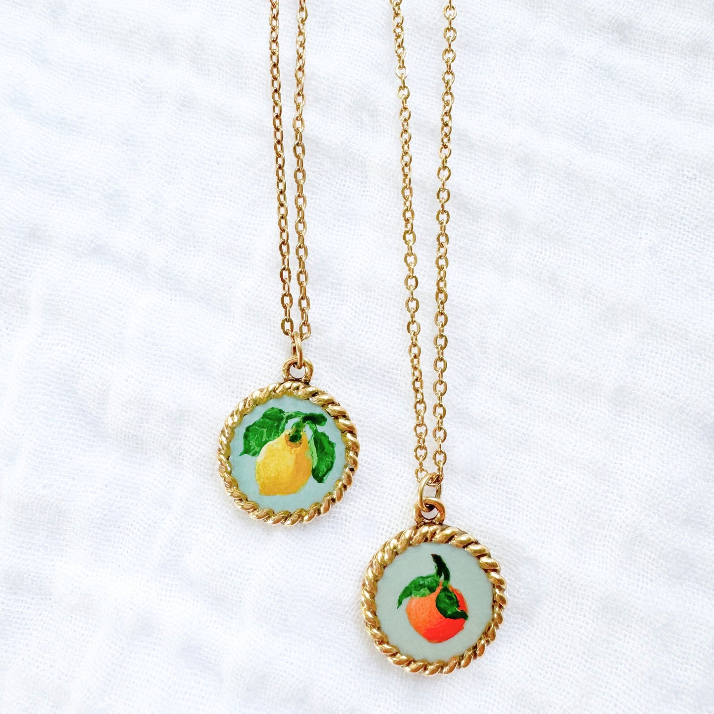 Hand-painted Botanical Orange Nautical Necklace | Gold