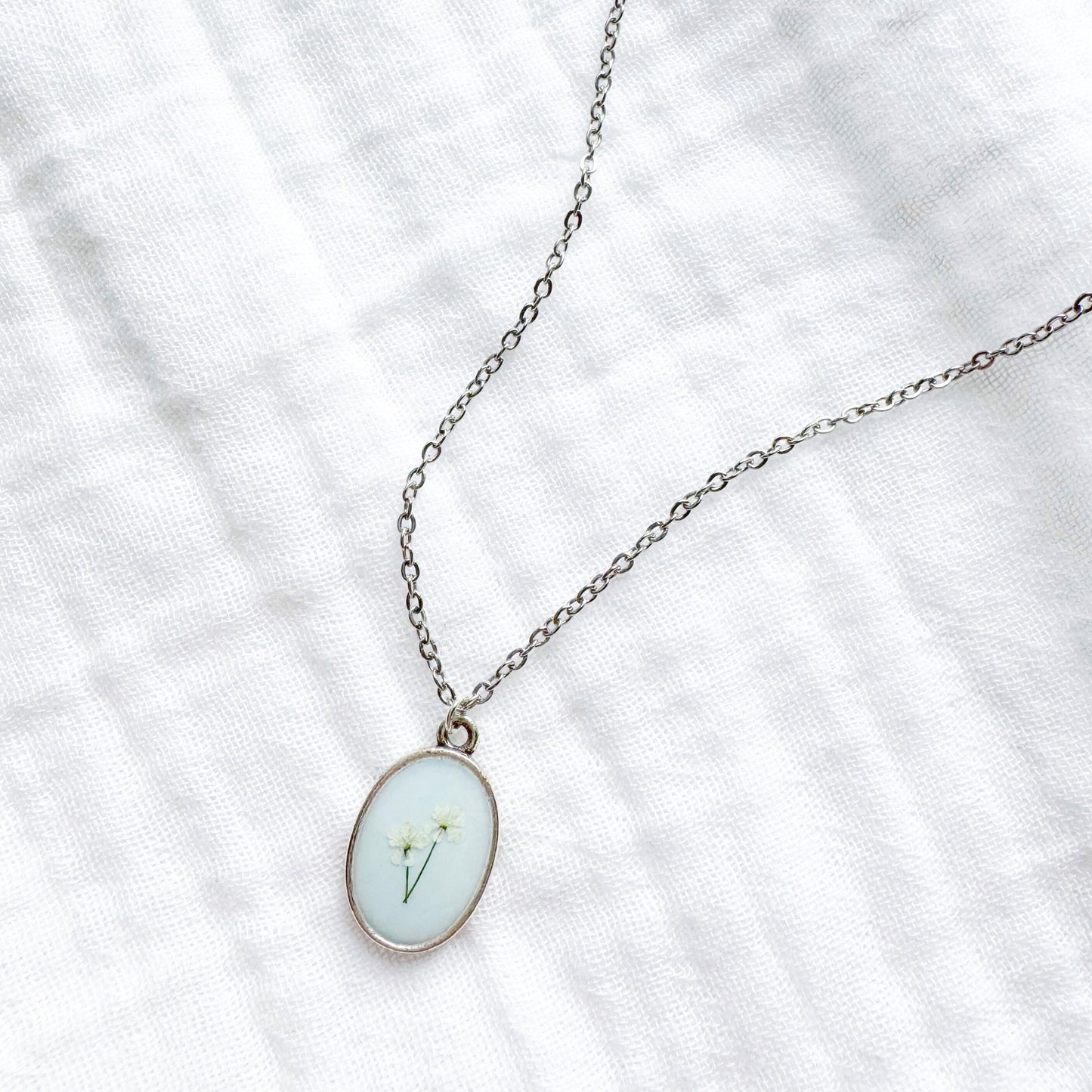 *Custom* Barb Classic Oval Pressed Flower Necklace | Silver