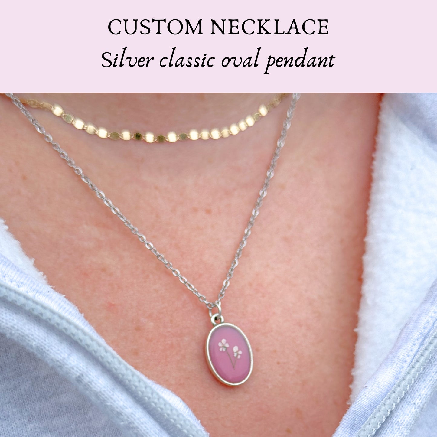 *Custom* Classic Oval Pressed Flower Necklace | Silver