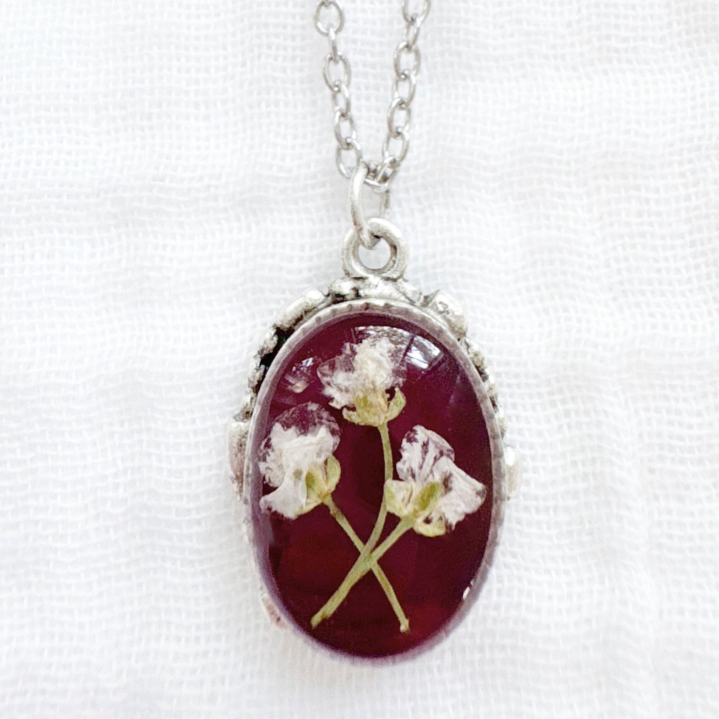 Garnet Ornate Pressed Flower Necklace | Silver
