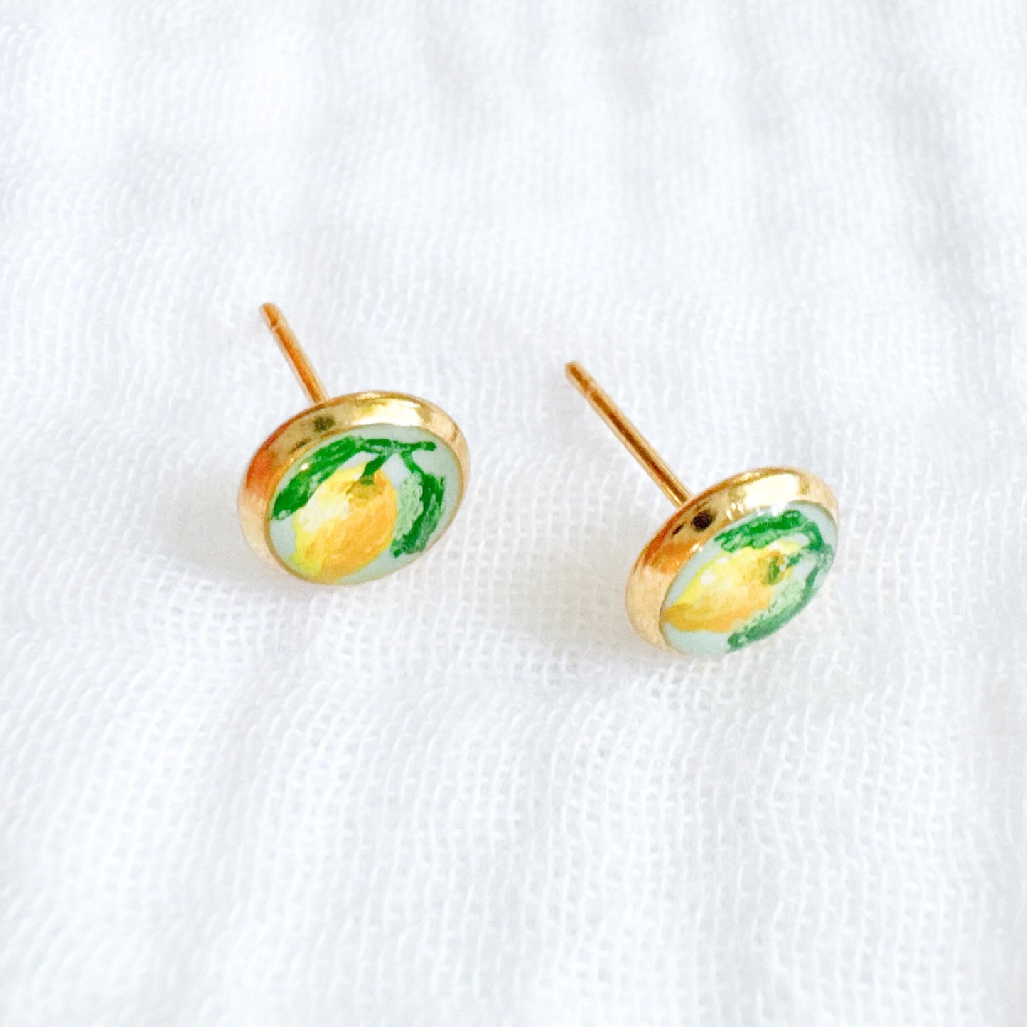 Hand-painted Botanical Lemon Earrings | Gold