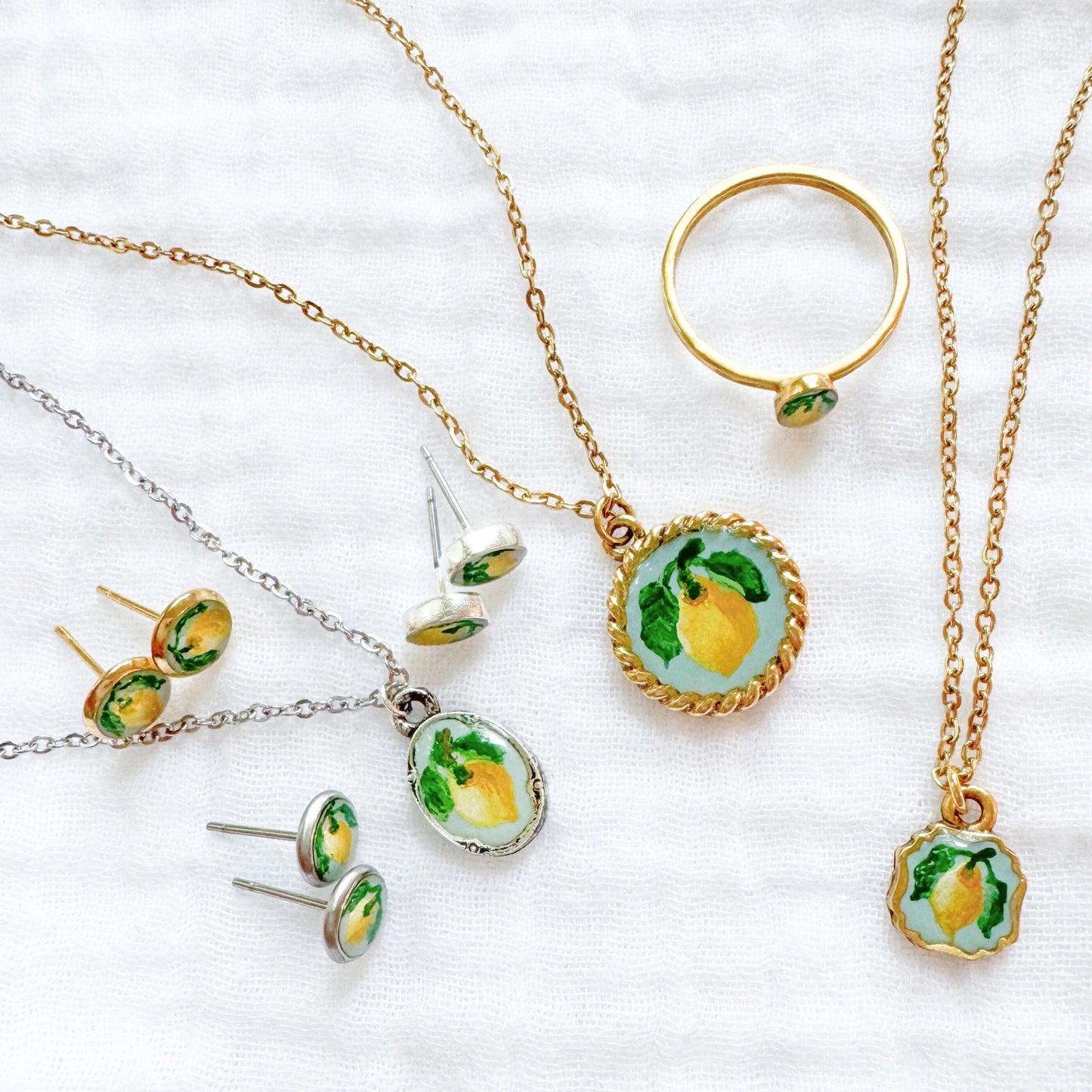 Hand-painted Botanical Lemon Earrings | Gold