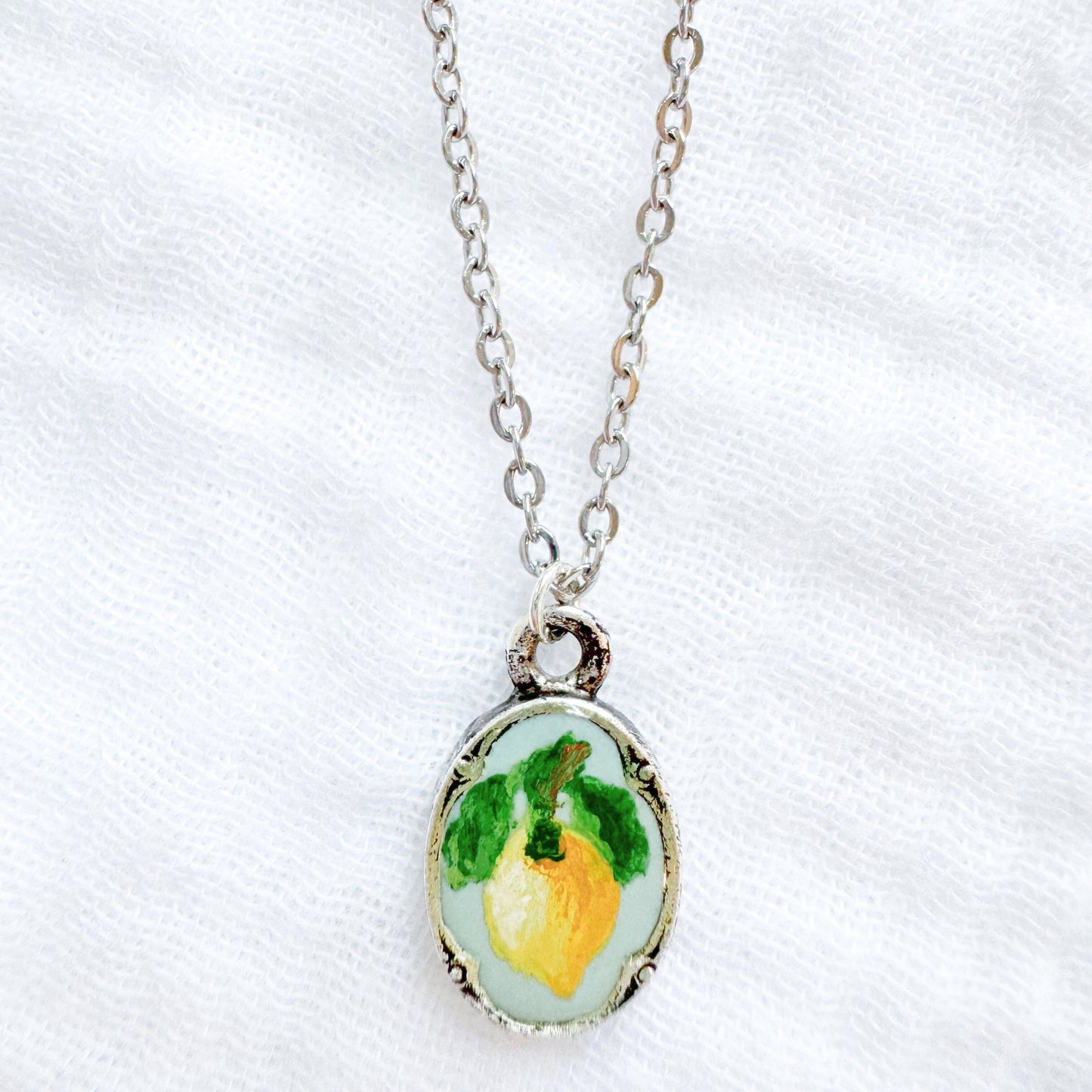 Hand-painted Botanical Lemon Mini Ornate Necklace | Silver