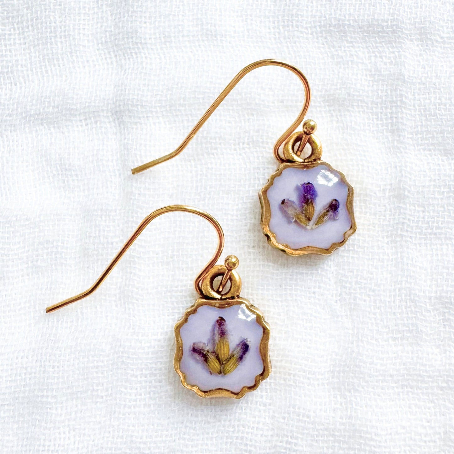 Lavender Trio Pressed Flower Drop Earrings | Gold