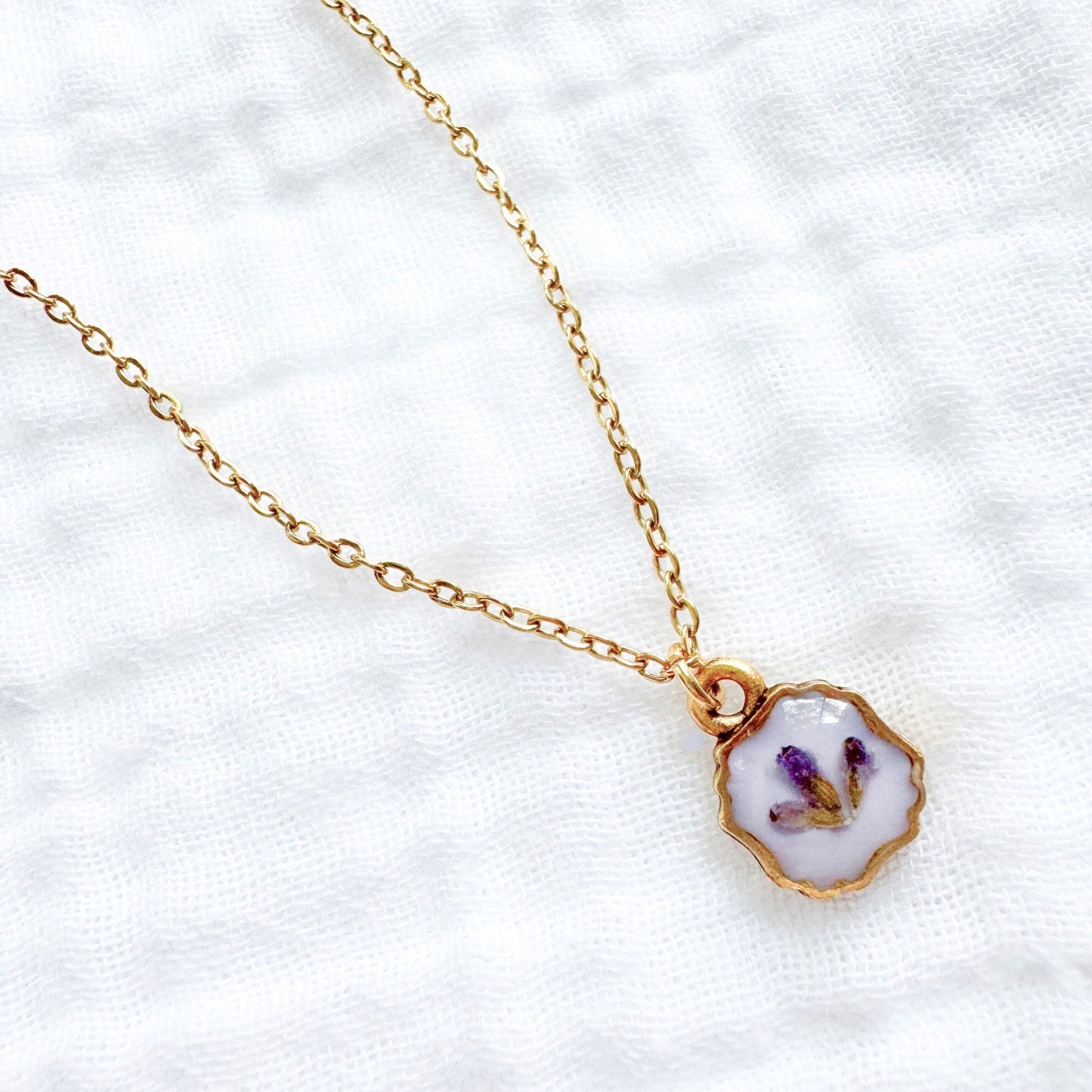Lavender Trio Mini Frame Pressed Flower Necklace | Gold