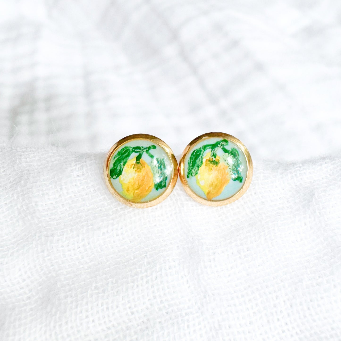 Hand-painted Botanical Lemon Earrings | Gold