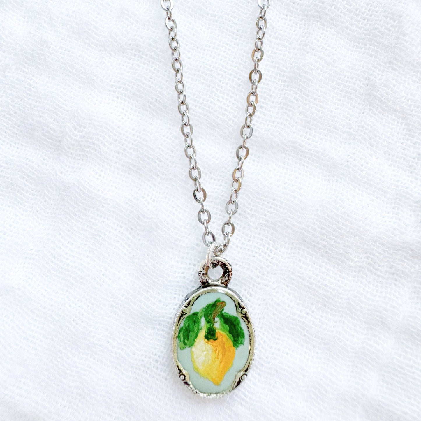 Hand-painted Botanical Lemon Mini Ornate Necklace | Silver