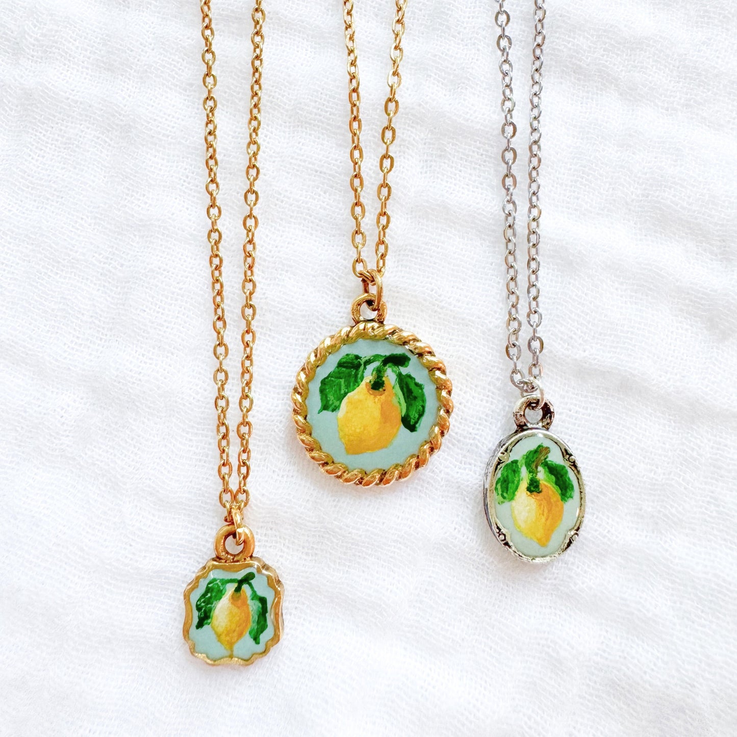 Hand-painted Botanical Lemon Mini Ornate Necklace | Silver