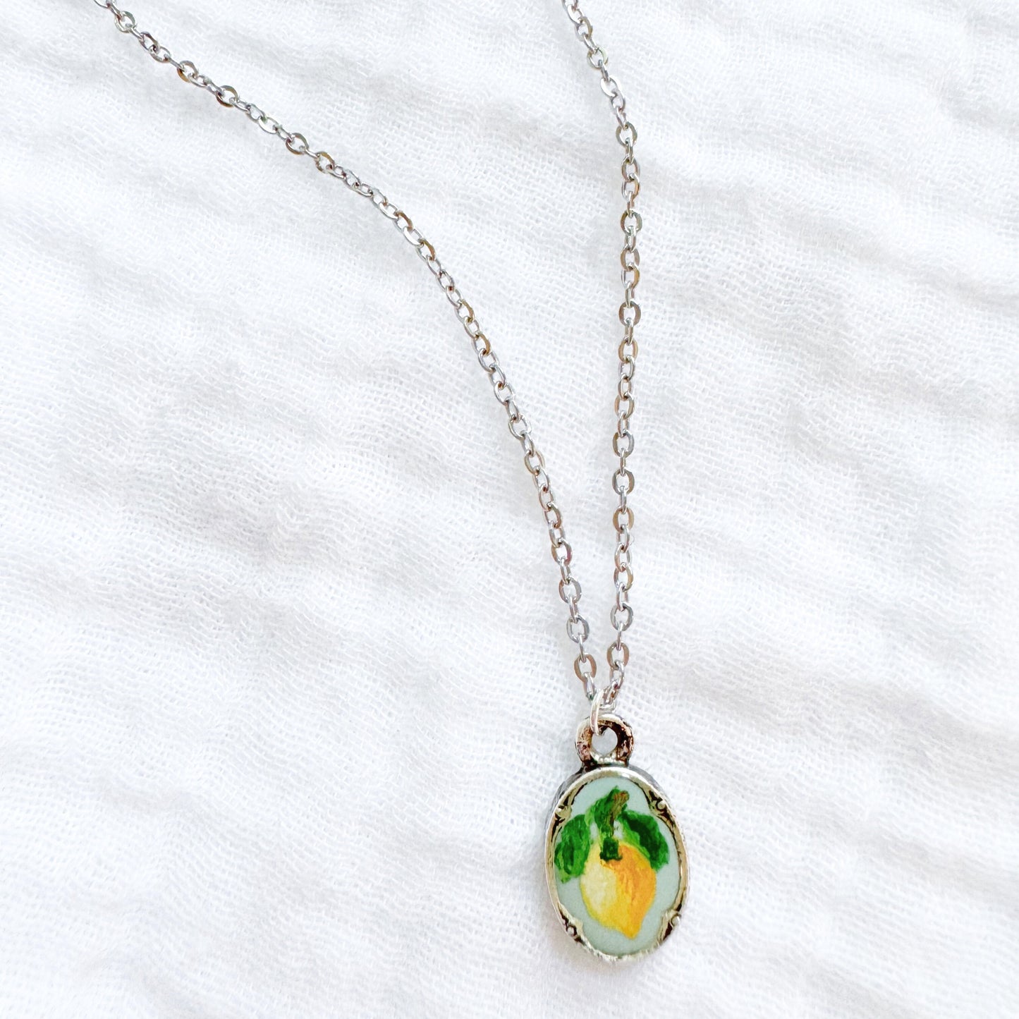 Hand-painted Botanical Lemon Mini Ornate Necklace | Silver