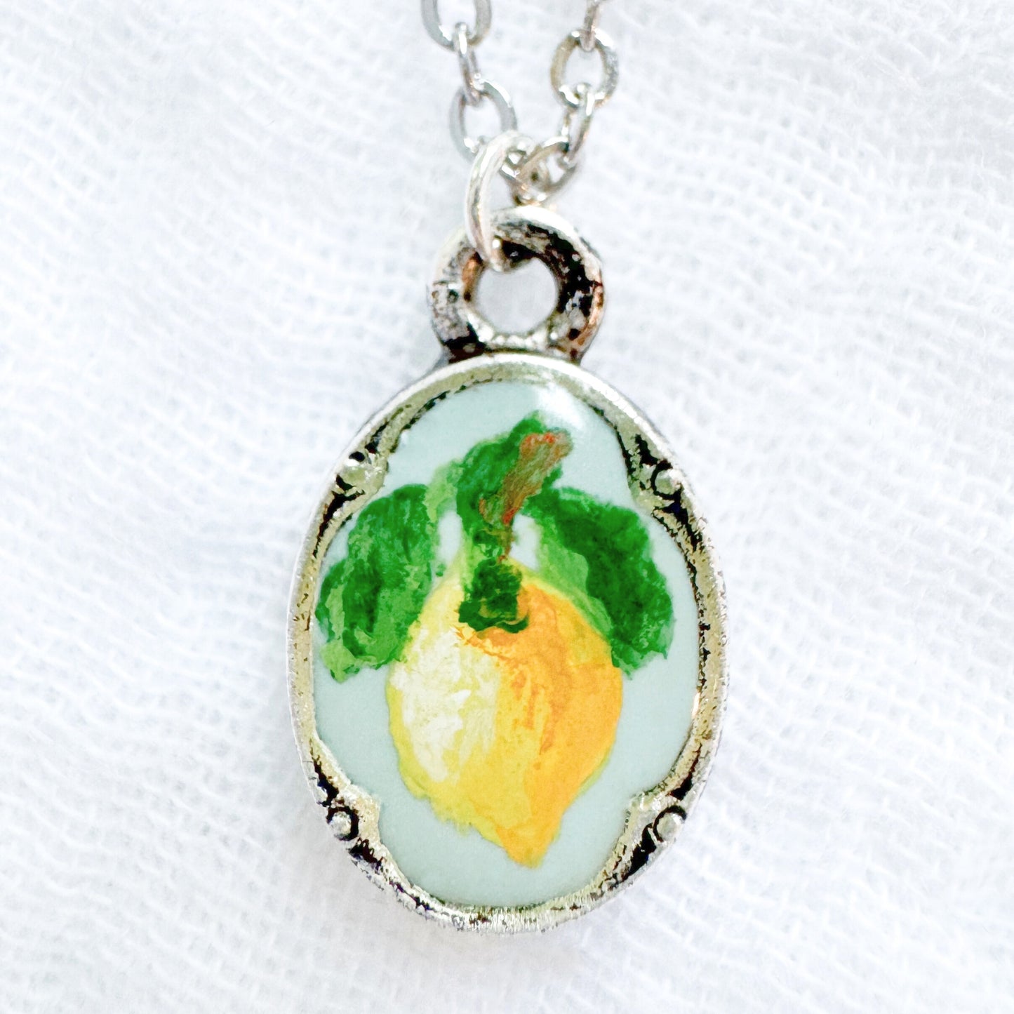 Hand-painted Botanical Lemon Mini Ornate Necklace | Silver