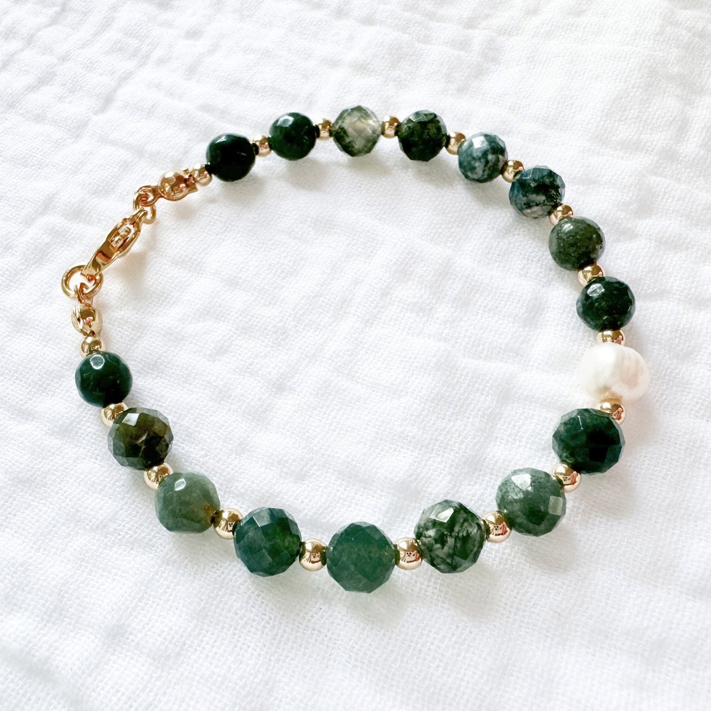 Moss Agate Pearl Bracelet | Gold