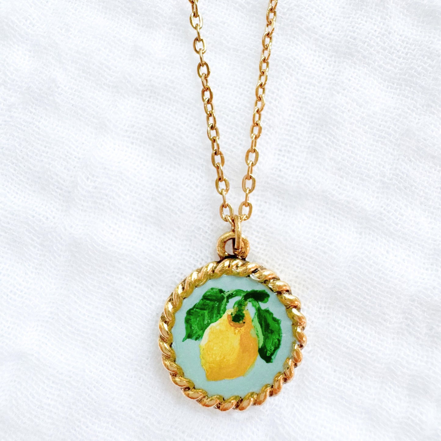 Hand-painted Botanical Lemon Nautical Necklace | Gold