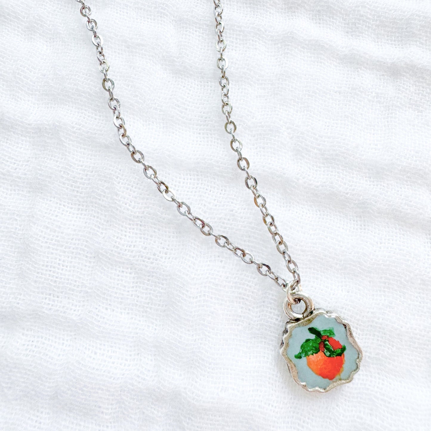 Hand-painted Botanical Orange Mini Frame Necklace | Silver