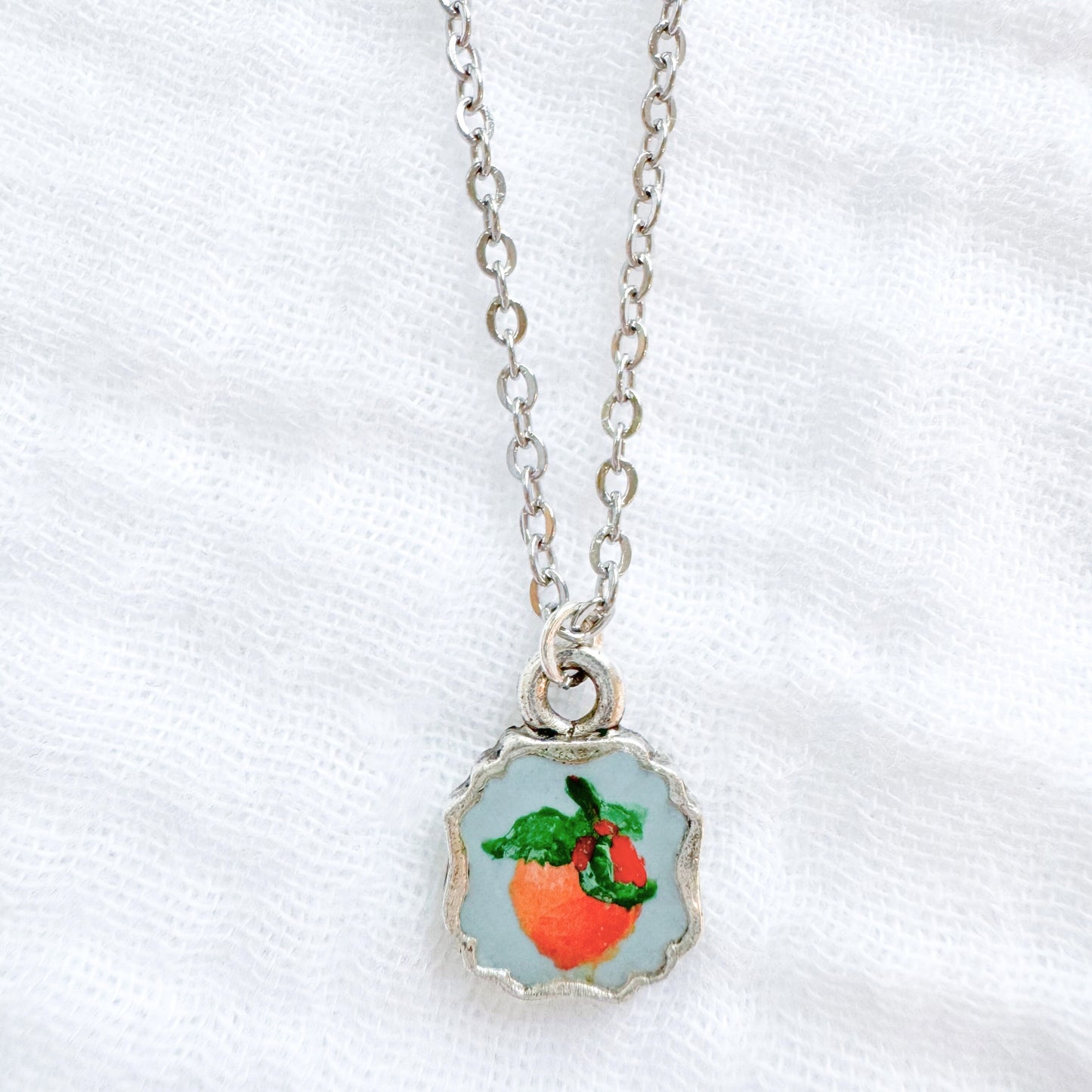 Hand-painted Botanical Orange Mini Frame Necklace | Silver