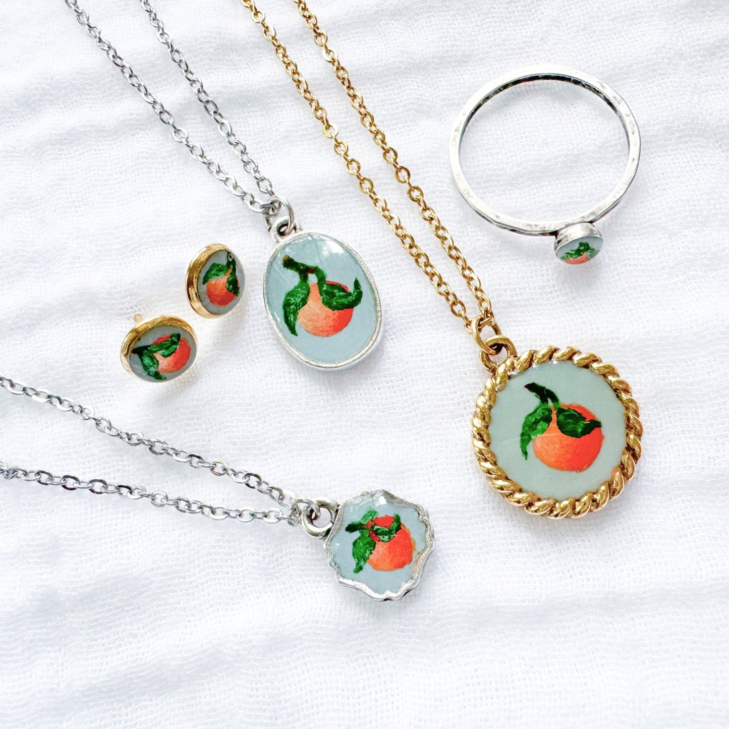 Hand-painted Botanical Orange Nautical Necklace | Gold