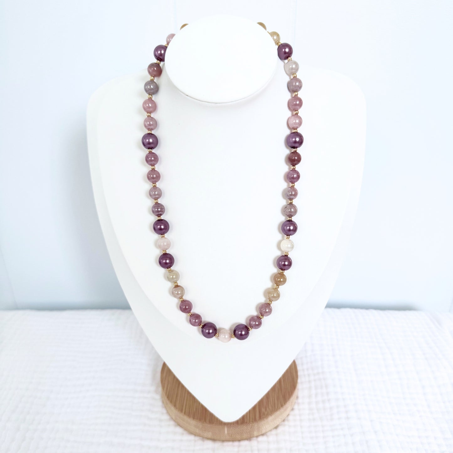 Glass Pearl and Sunstone Gemstone Necklace | Gold
