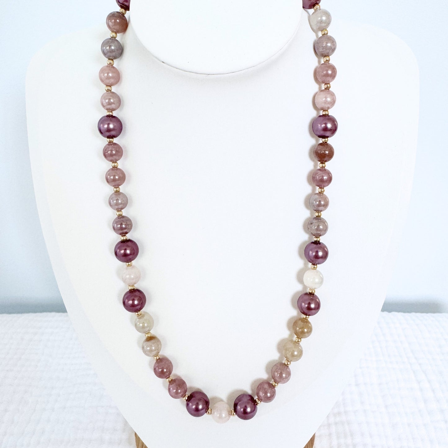 Glass Pearl and Sunstone Gemstone Necklace | Gold