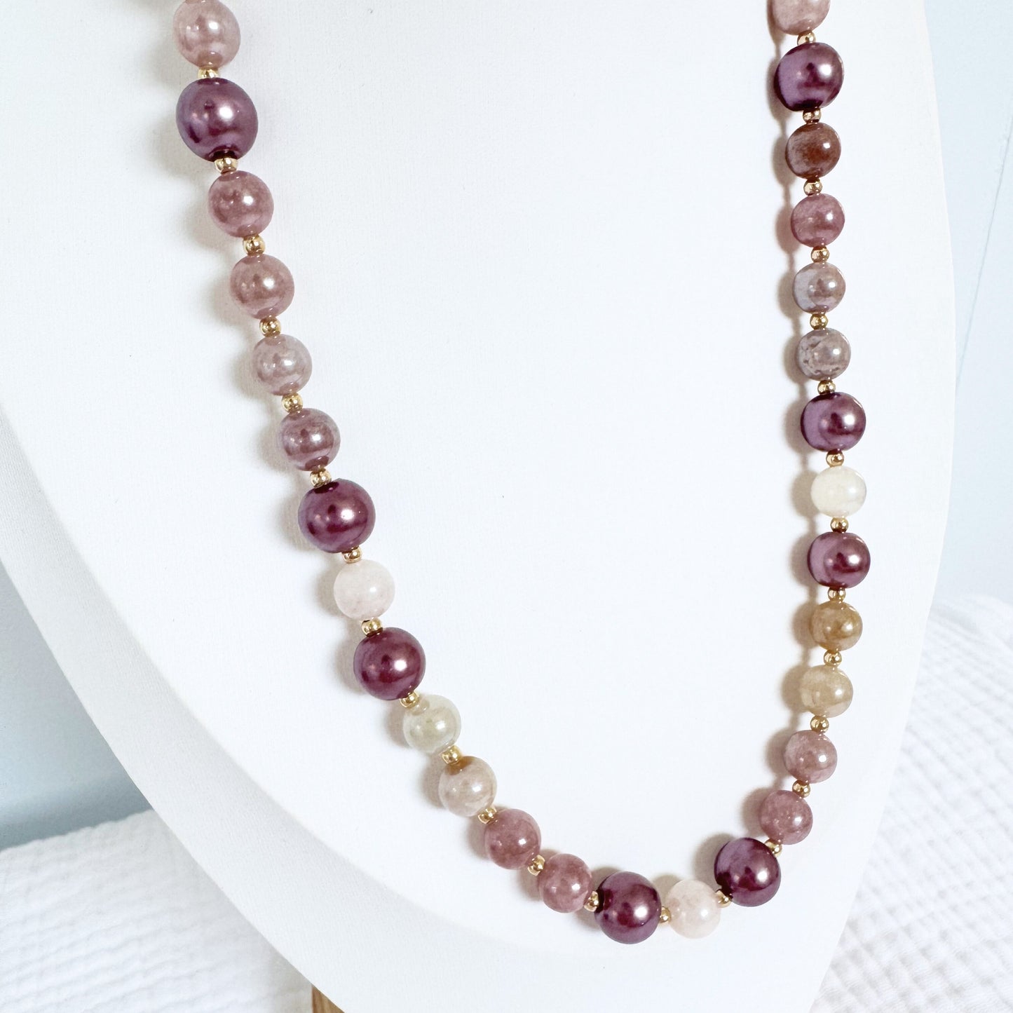 Glass Pearl and Sunstone Gemstone Necklace | Gold