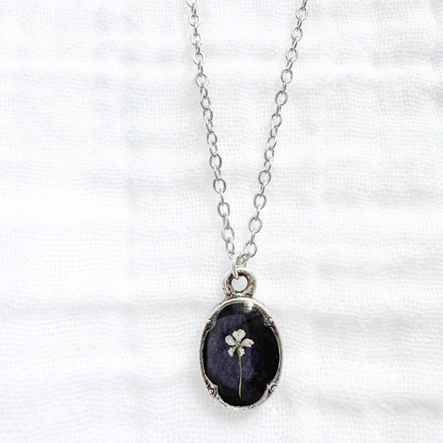 Wednesday Mini Ornate Pressed Flower Necklace | Silver