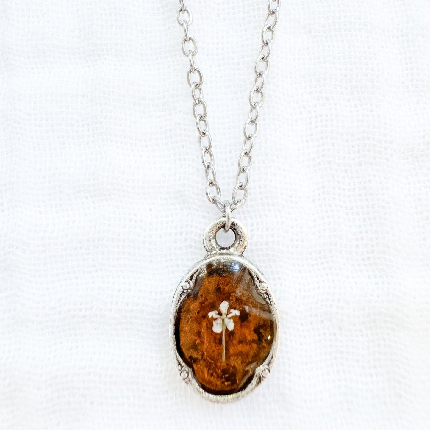 Amber Mini Ornate Pressed Flower Necklace | Brownish-orange, Silver