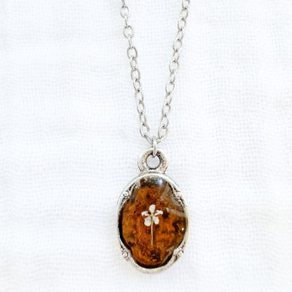 Amber Mini Ornate Pressed Flower Necklace | Brownish-orange, Silver