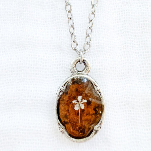 Amber Mini Ornate Pressed Flower Necklace | Brownish-orange, Silver