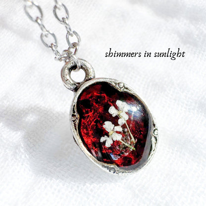 Amber Mini Ornate Pressed Flower Necklace | Reddish-brown, Silver