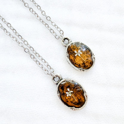 Amber Mini Ornate Pressed Flower Necklace | Golden yellow, Silver