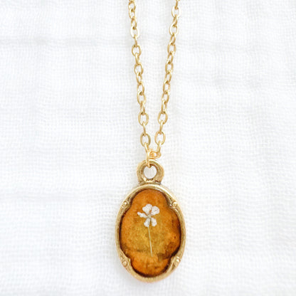 Amber Mini Ornate Pressed Flower Necklace | Golden yellow, Gold