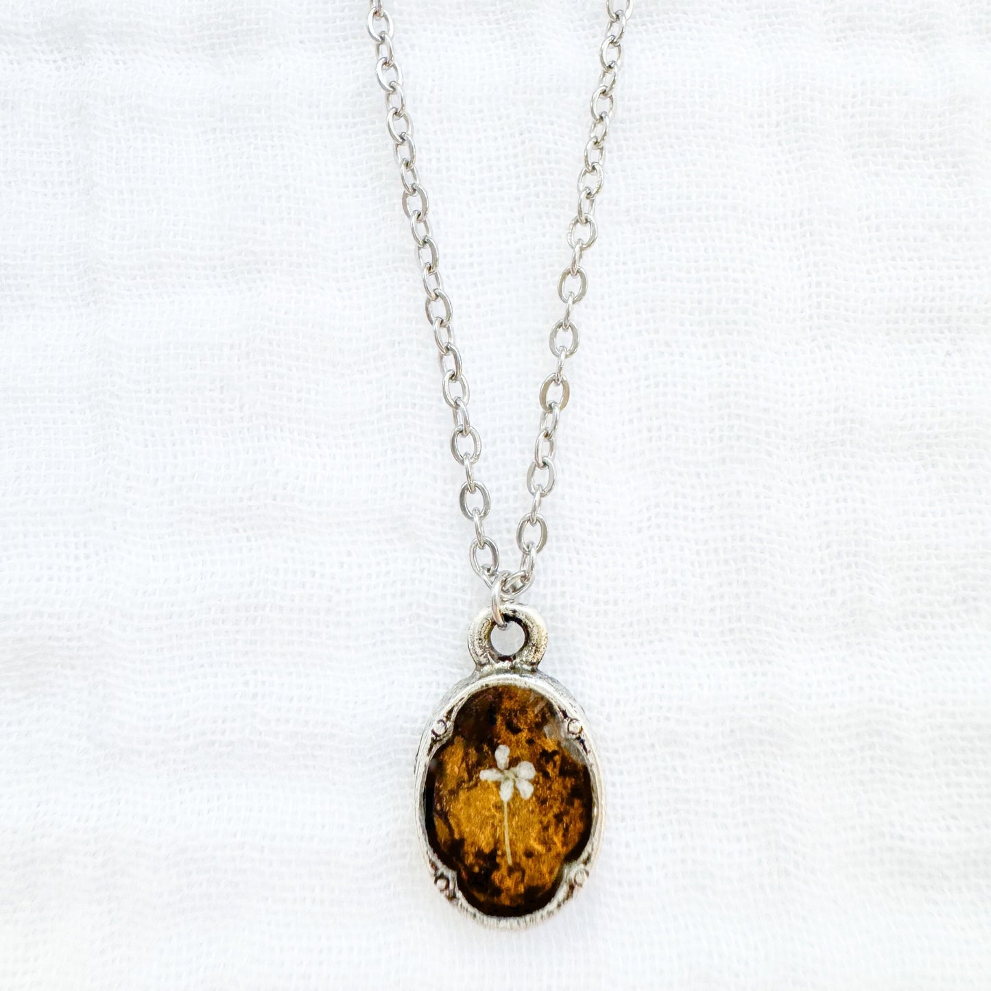 Amber Mini Ornate Pressed Flower Necklace | Golden yellow, Silver