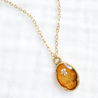 Amber Mini Ornate Pressed Flower Necklace | Golden yellow, Gold