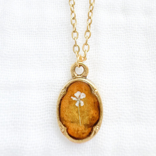 Amber Mini Ornate Pressed Flower Necklace | Golden yellow, Gold