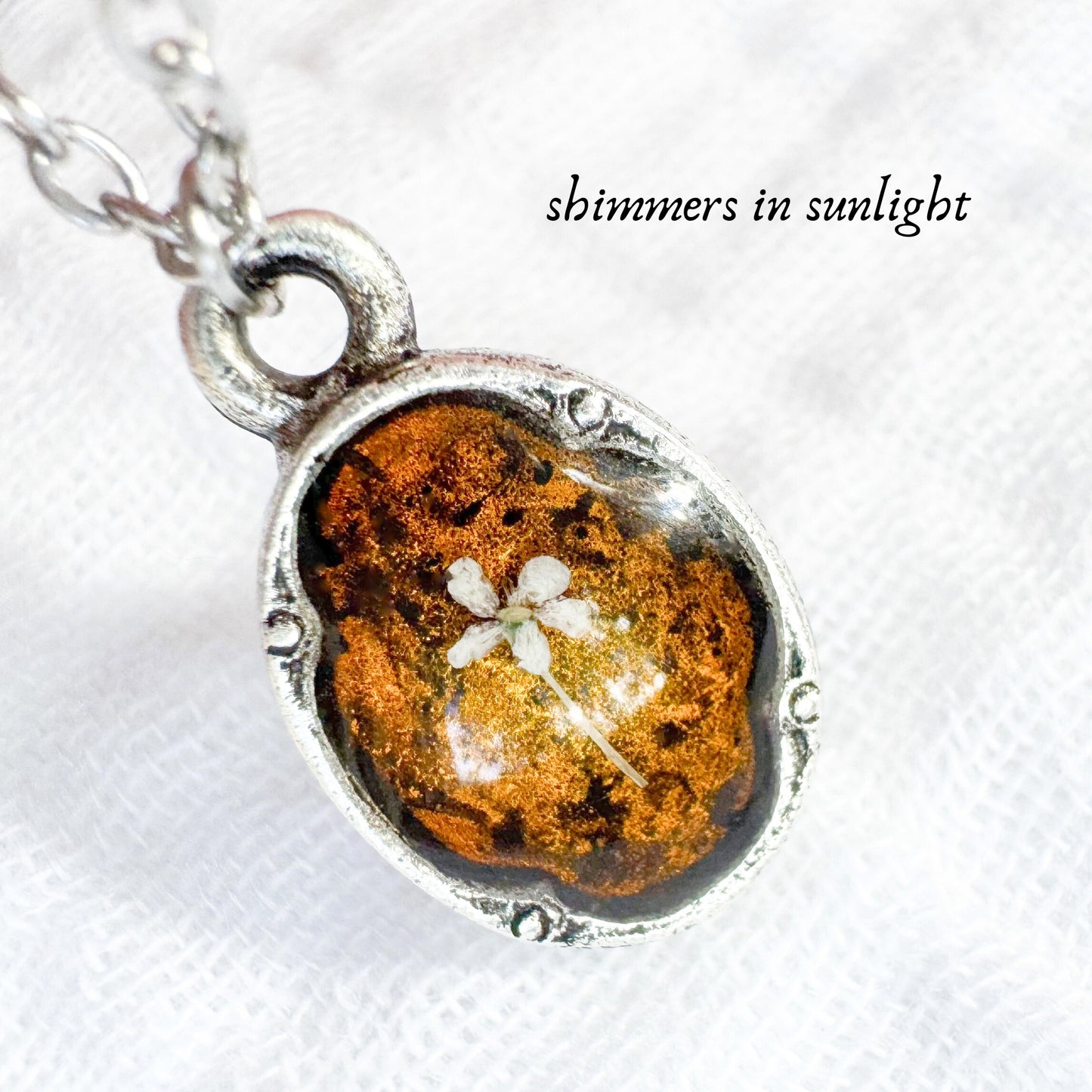 Amber Mini Ornate Pressed Flower Necklace | Golden yellow, Silver