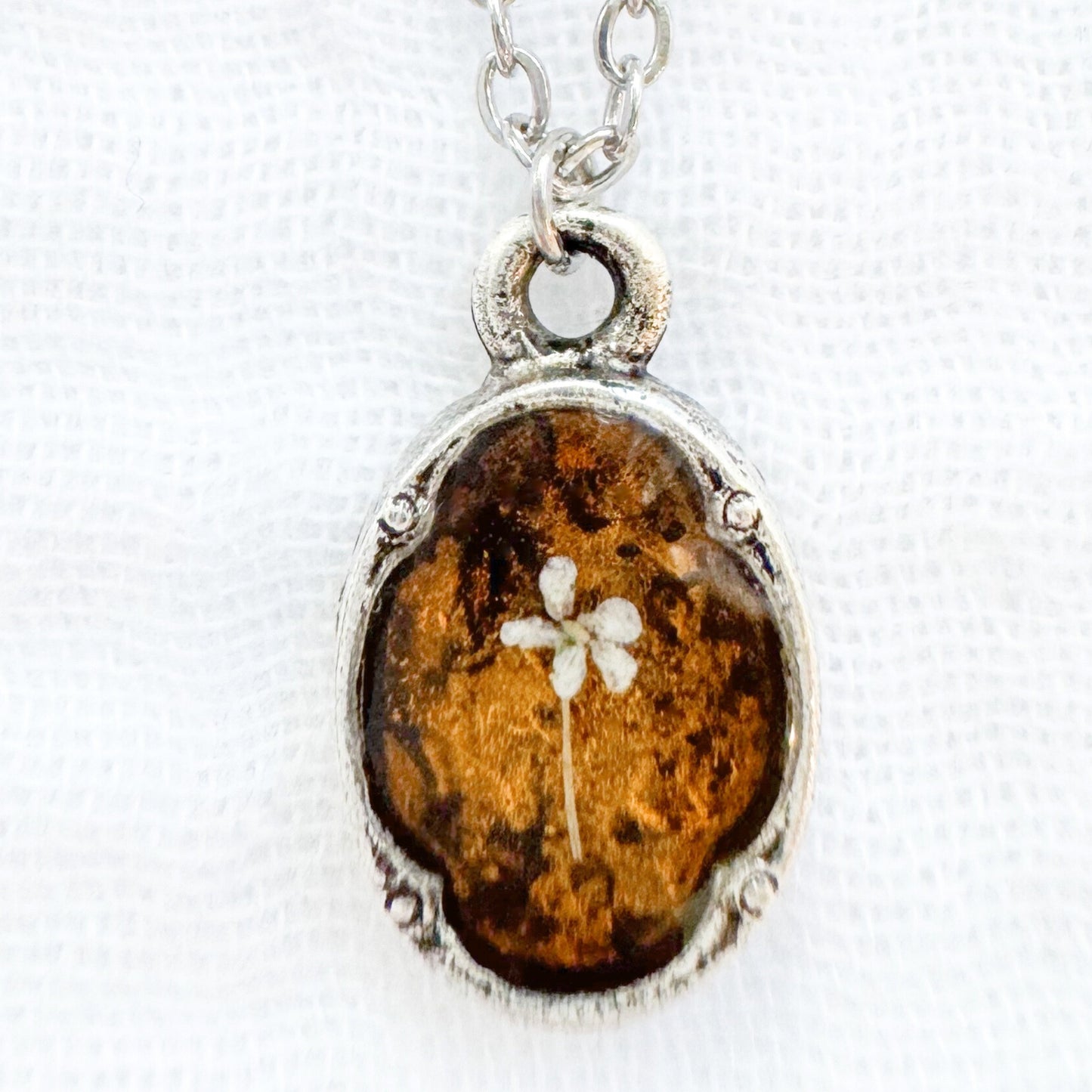Amber Mini Ornate Pressed Flower Necklace | Golden yellow, Silver