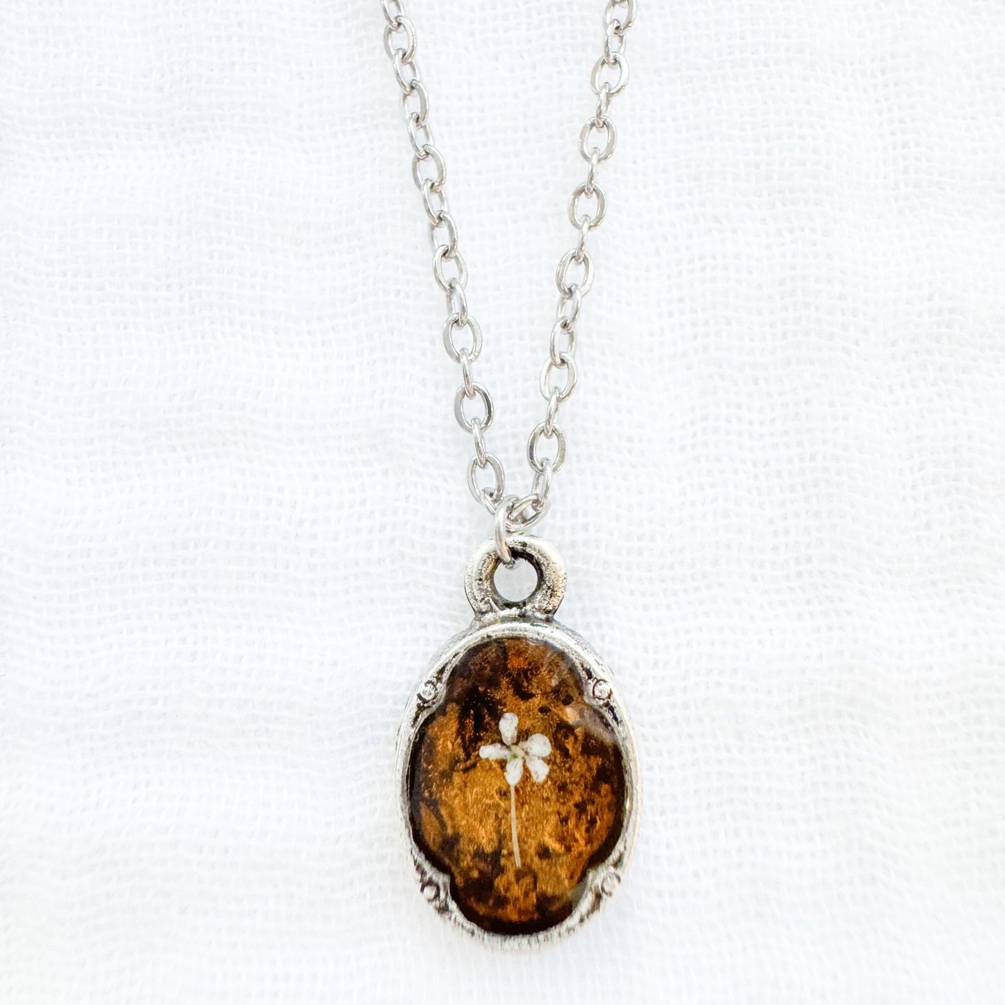 Amber Mini Ornate Pressed Flower Necklace | Golden yellow, Silver