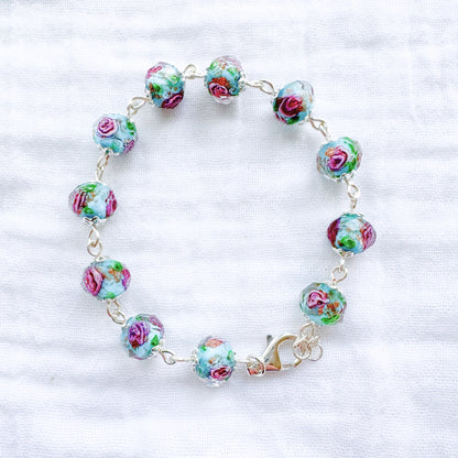 Gilded Aqua Floral Lampwork Bracelet | Silver
