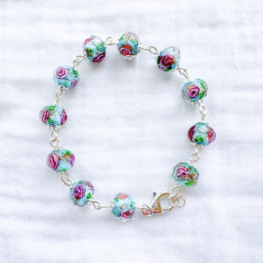 Gilded Aqua Floral Lampwork Bracelet | Silver