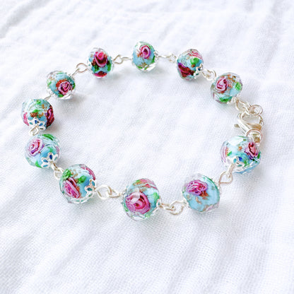Gilded Aqua Floral Lampwork Bracelet | Silver