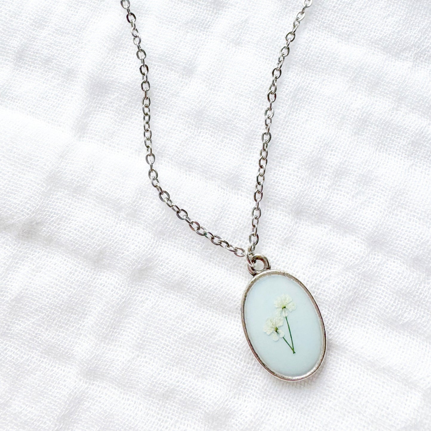 *Custom* Barb Classic Oval Pressed Flower Necklace | Silver