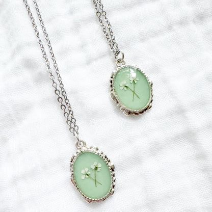 *Custom* Best Friends Ornate Pressed Flower Necklace | Silver