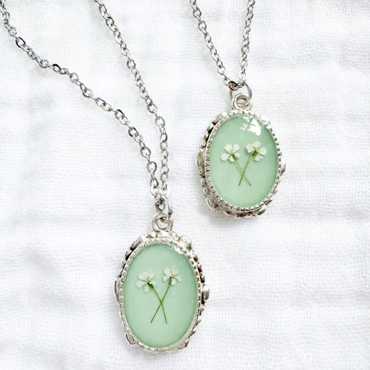 *Custom* Best Friends Ornate Pressed Flower Necklace | Silver