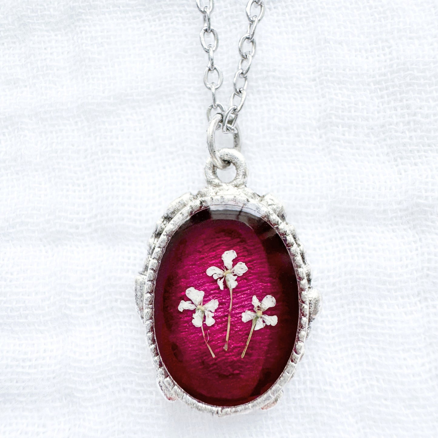 Ruby Ornate Pressed Flower Necklace | July Birthstone, Silver