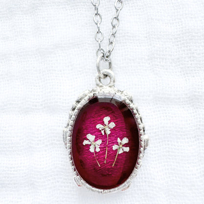 Ruby Ornate Pressed Flower Necklace | July Birthstone, Silver