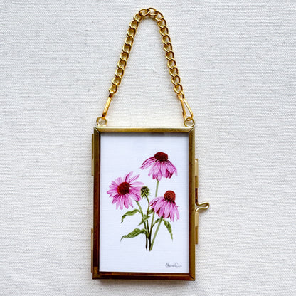 Purple Coneflower Botanical Illustration Glass Frame Ornament